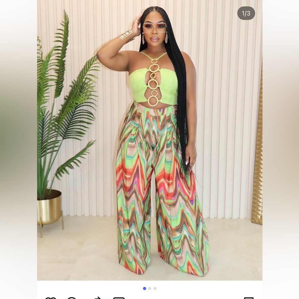 Wide Leg Palazzo Pants - Multicolor Wave Print